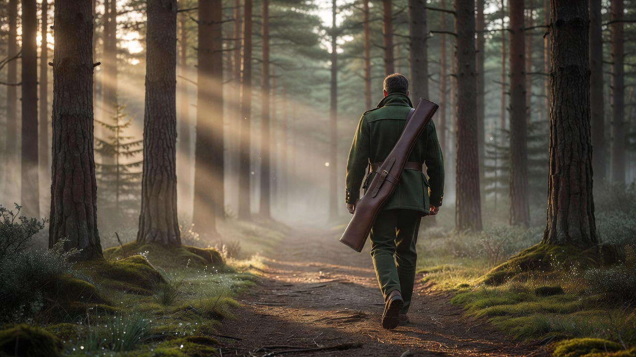 Jäger im Lodenmantel mit verschlossenem Futteral auf einem Waldweg im Morgennebel